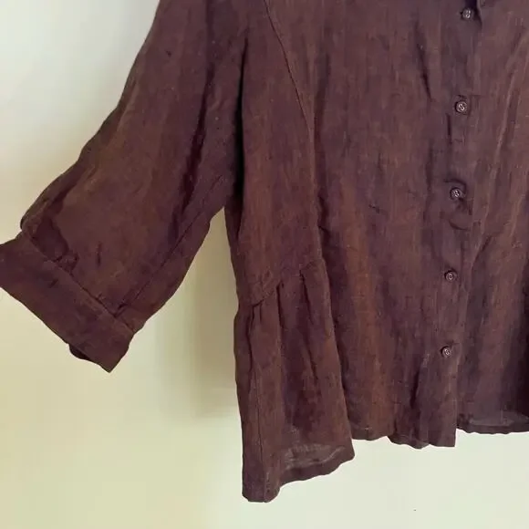Poetry Brown Linen Peplum Button Down Top - Picture 7 of 10